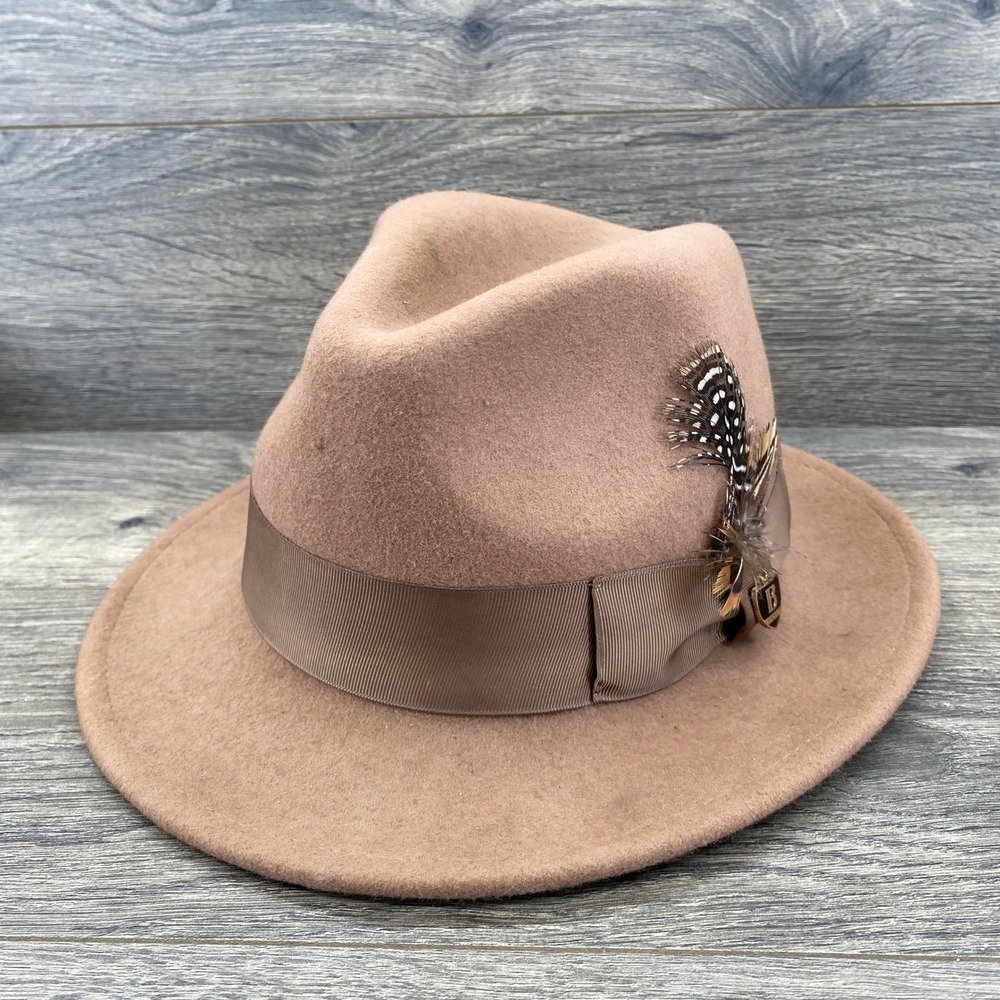 Bruno Capelo Fedora Mens Medium Tan Wool Felt Pinch Front Feather Detail Hat